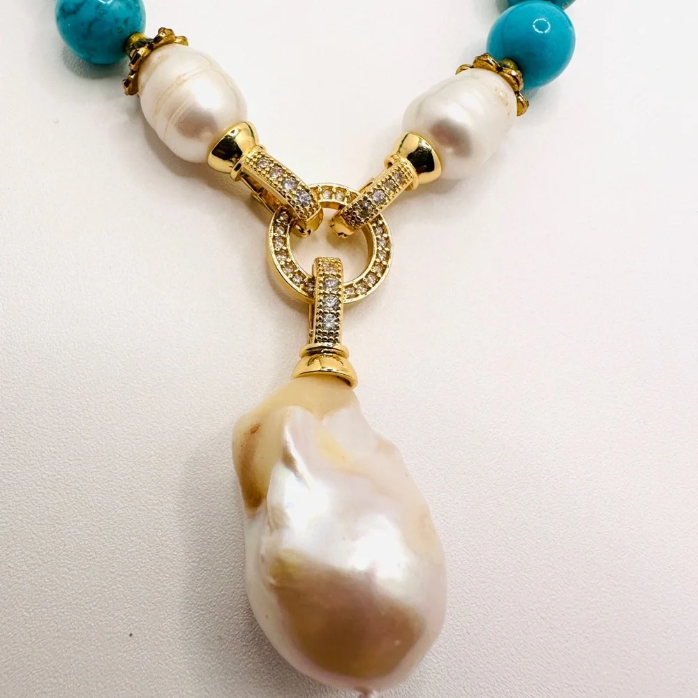 Genuine Howelite and Baroque Pearl Pendant Necklace - Picture 6 of 12